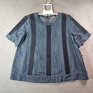 Soft Surroundings Top Women Medium Lace Detailed Denim‎ Blue Short Sleeve